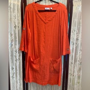 Denim&Co Orange V-Neck Cuffed Sleeve Dress